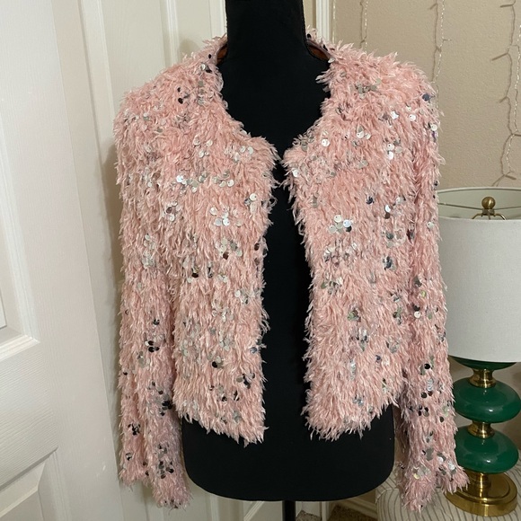 Mustard Seed Jackets & Blazers - Mustard Seed Pink Sequin Teddy Jacket